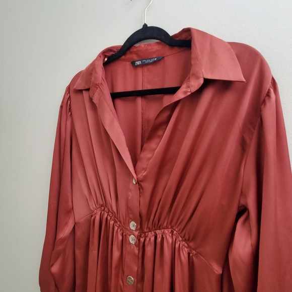 Zara Womens Satin Effect Midi Shirt Dress Marsala Size M - Picture 4 of 8